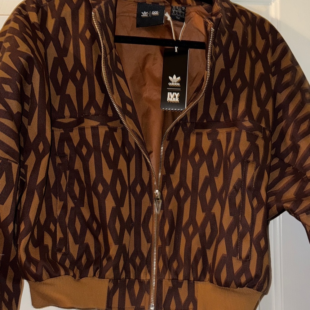 Adidas Ivy Park Women's Geometric Brown Bomber Crop Jacket - Picture 2 of 6